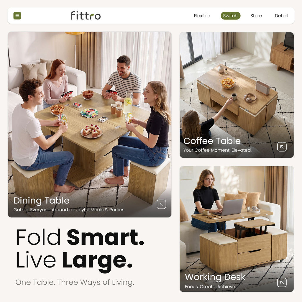 Lift-Top Coffee Table with 4 Chairs – 3-in-1, Natural
