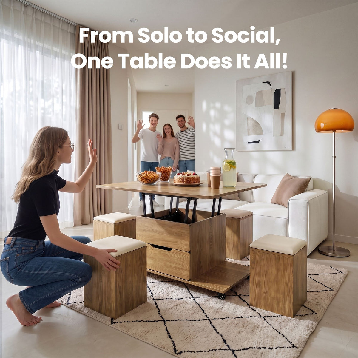 Lift-Top Coffee Table with 4 Chairs – 3-in-1, Natural