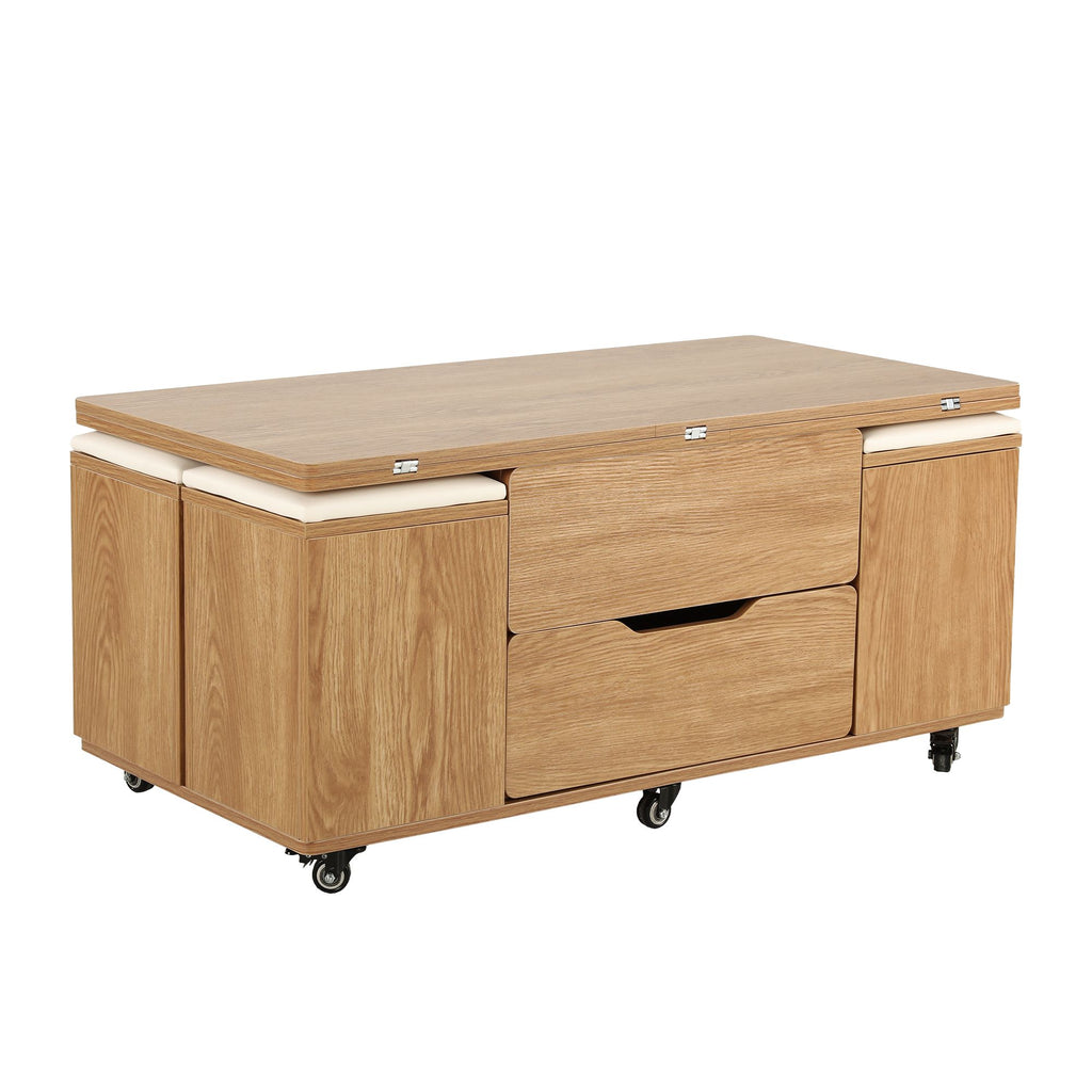 Lift-Top Coffee Table with 4 Chairs – 3-in-1, Natural