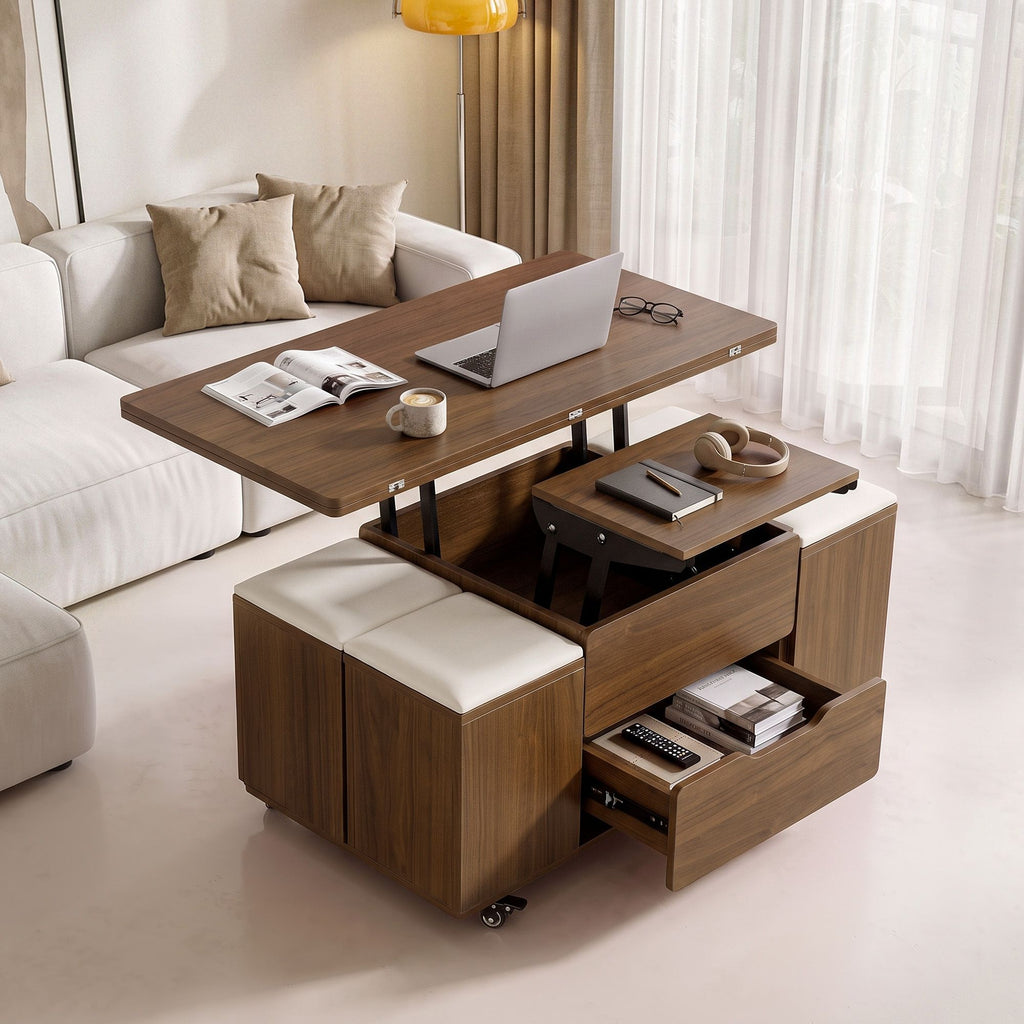 Lift-Top Coffee Table with 4 Chairs – 3-in-1, Walnut