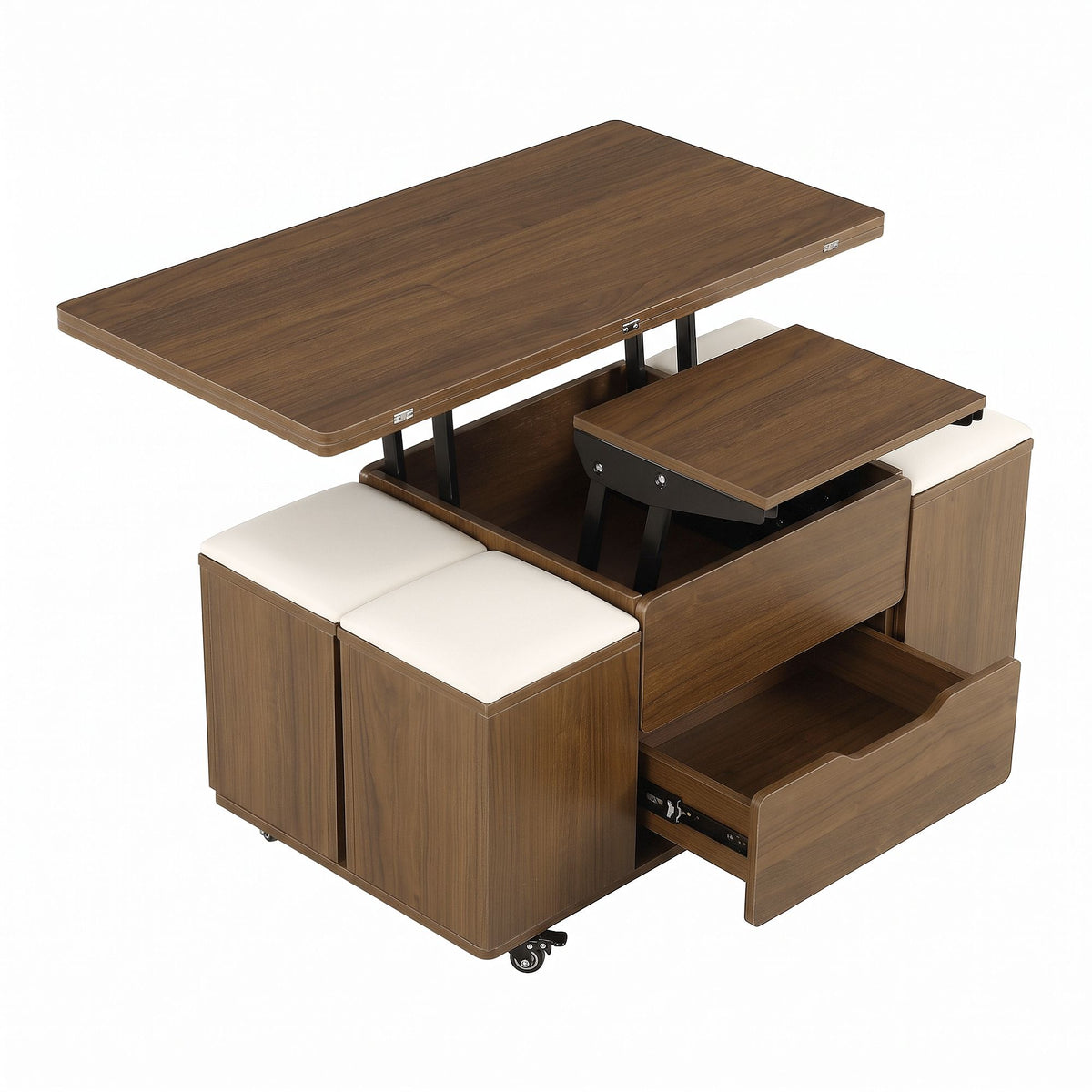 Lift-Top Coffee Table with 4 Chairs – 3-in-1, Walnut