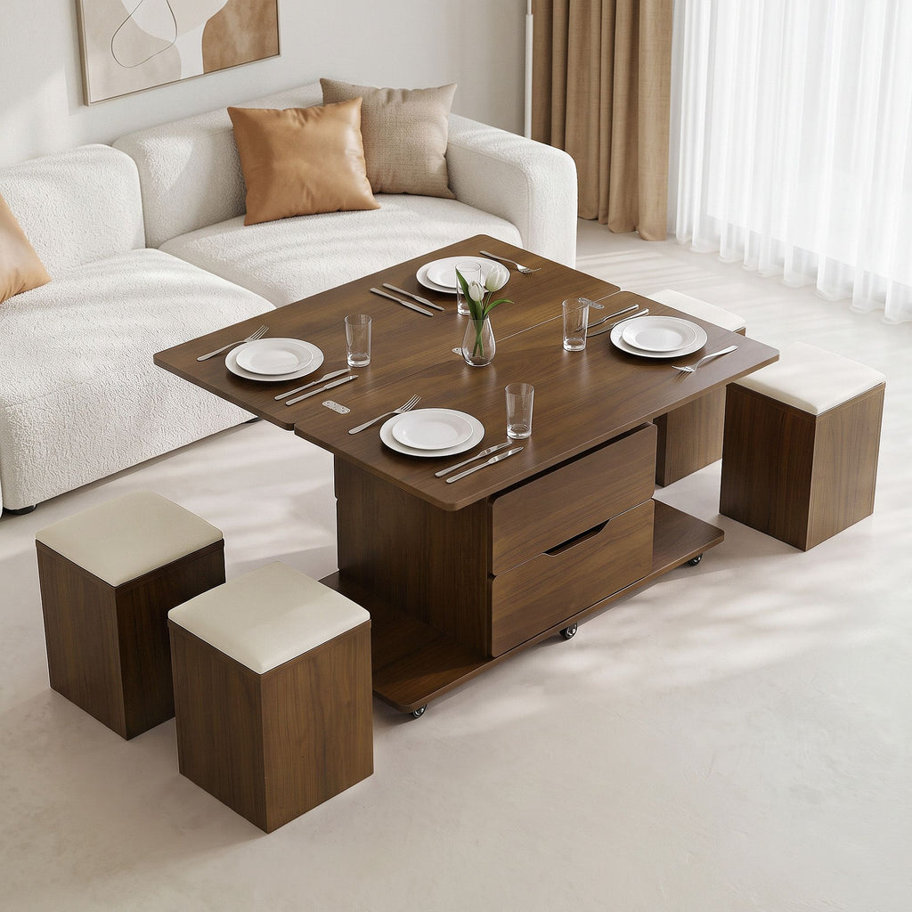 Lift-Top Coffee Table with 4 Chairs – 3-in-1, Walnut