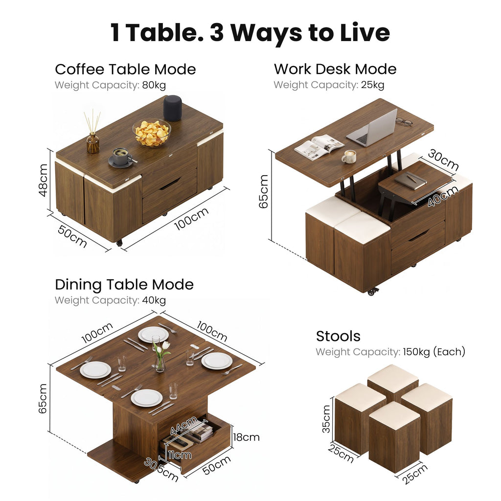 Lift-Top Coffee Table with 4 Chairs – 3-in-1, Walnut