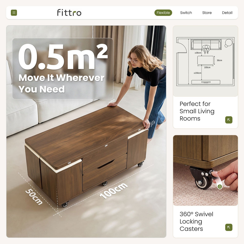 Lift-Top Coffee Table with 4 Chairs – 3-in-1, Walnut