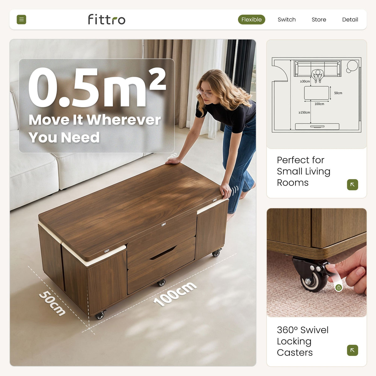 Lift-Top Coffee Table with 4 Chairs – 3-in-1, Walnut