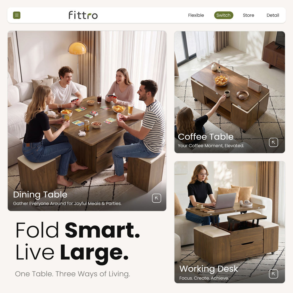 Lift-Top Coffee Table with 4 Chairs – 3-in-1, Walnut