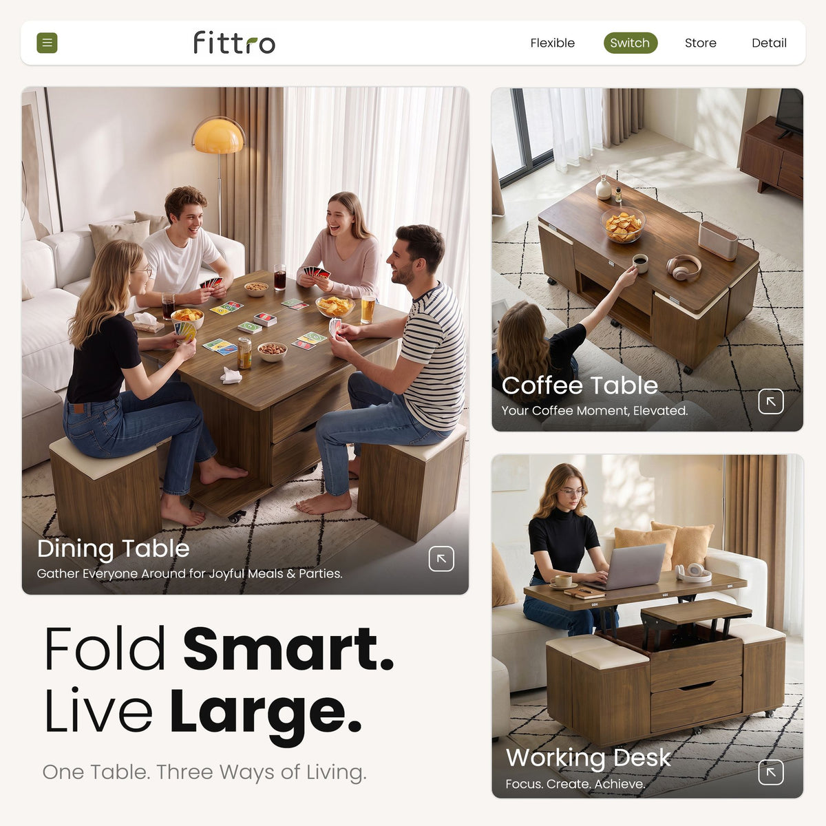 Lift-Top Coffee Table with 4 Chairs – 3-in-1, Walnut
