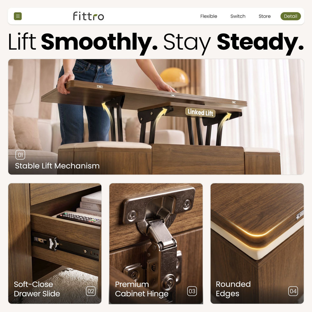 Lift-Top Coffee Table with 4 Chairs – 3-in-1, Walnut