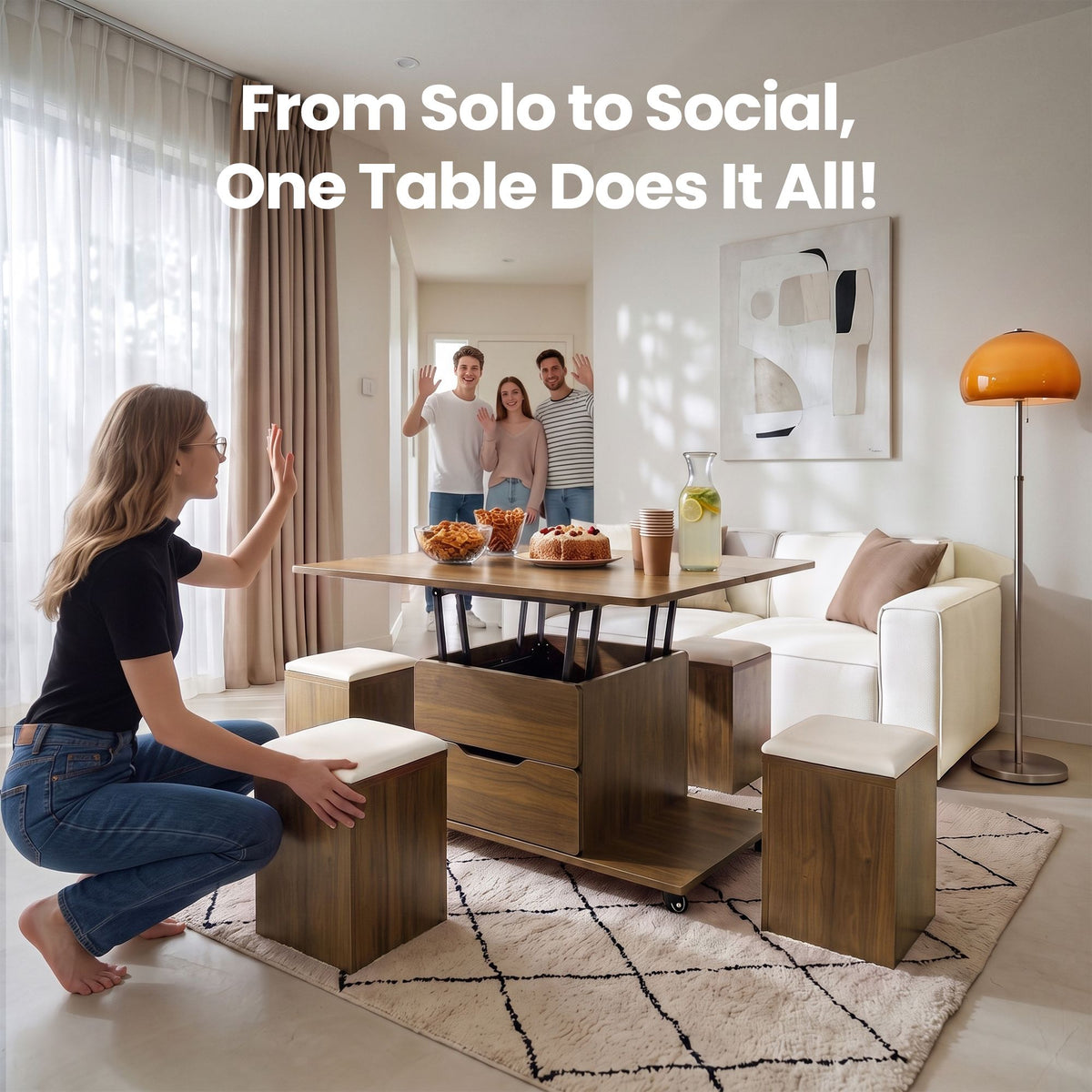 Lift-Top Coffee Table with 4 Chairs – 3-in-1, Walnut