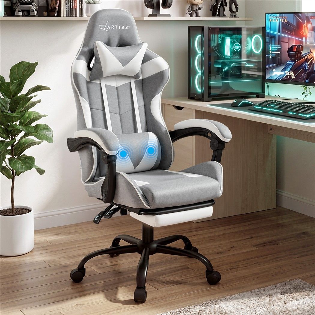 Gaming Chair with Massage – Light Grey Fabric