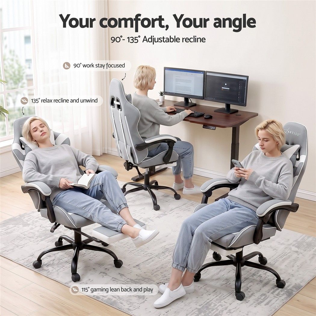 Gaming Chair with Massage – Light Grey Fabric
