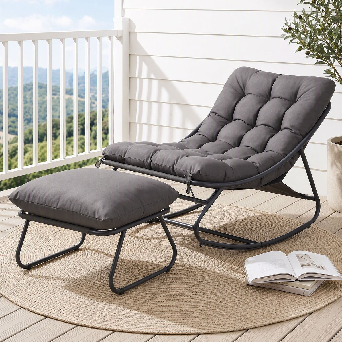 Outdoor Rocking Chair with Footrest – Grey