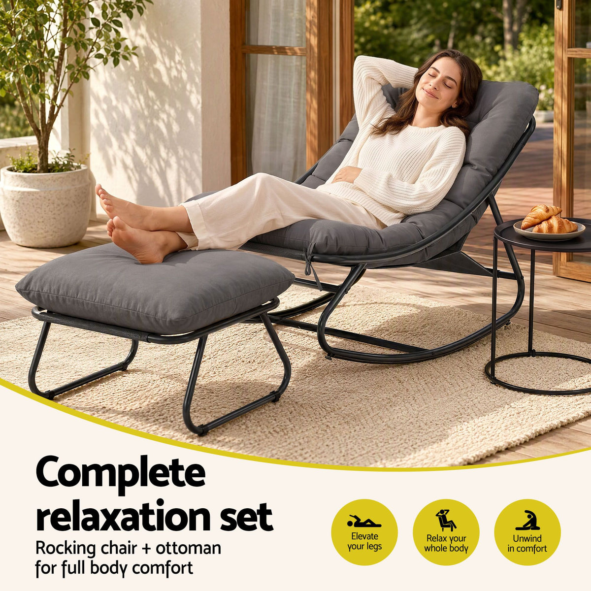 Outdoor Rocking Chair with Footrest – Grey