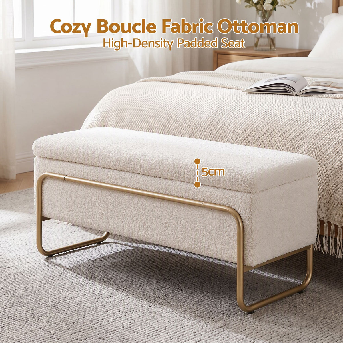 Storage Ottoman with Padded Seat – Cream Bouclé