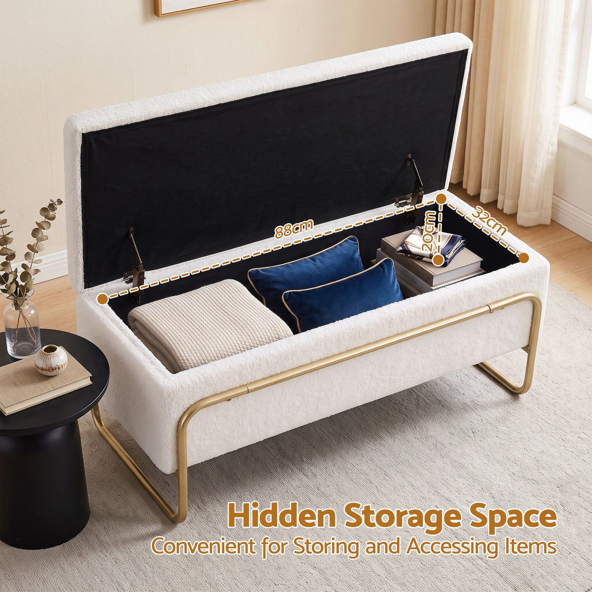 Storage Ottoman with Padded Seat – Cream Bouclé