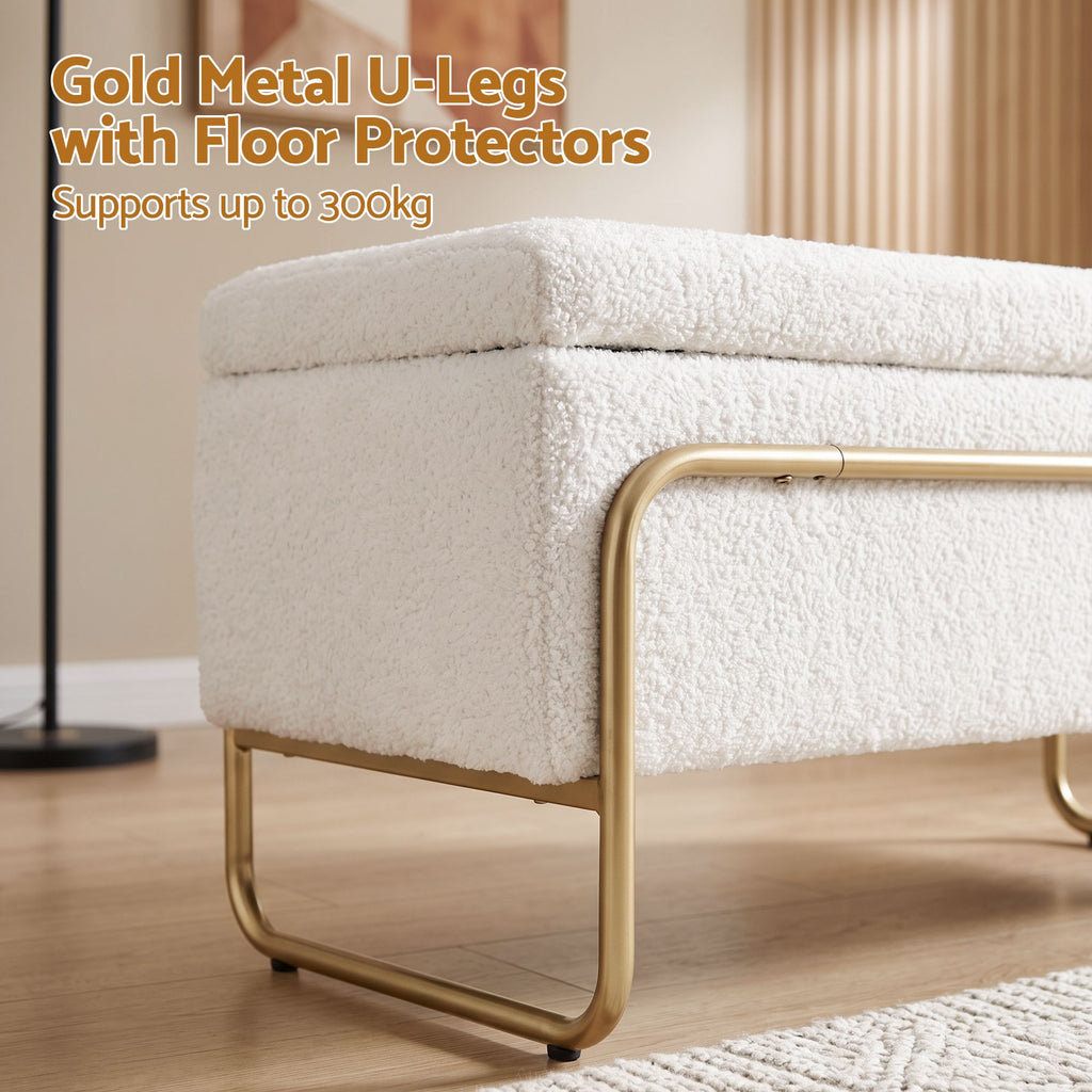 Storage Ottoman with Padded Seat – Cream Bouclé