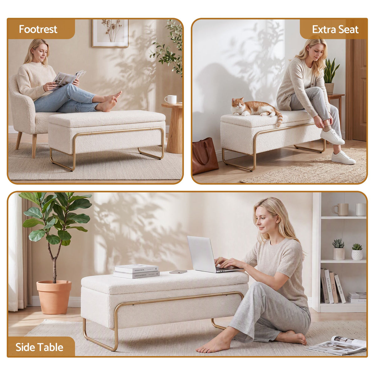 Storage Ottoman with Padded Seat – Cream Bouclé