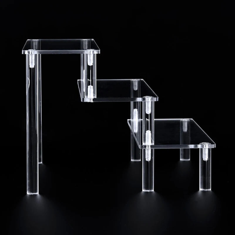 Side view of a clear 3-tier display stand
