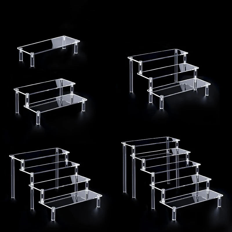Clear display stand configurations from 2 to 5 tiers