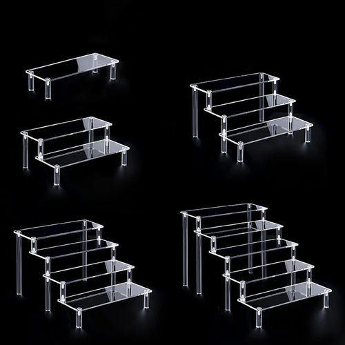Clear display stand configurations from 2 to 5 tiers