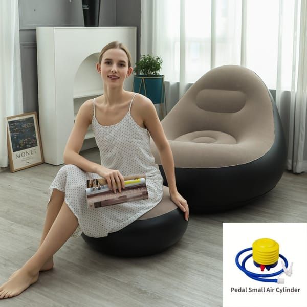 Khaki Inflatable Flocked Lounge Chair & Footrest Set with Foot Pump, Portable Ergonomic S-Shaped Air Recliner for Indoor & Outdoor Use