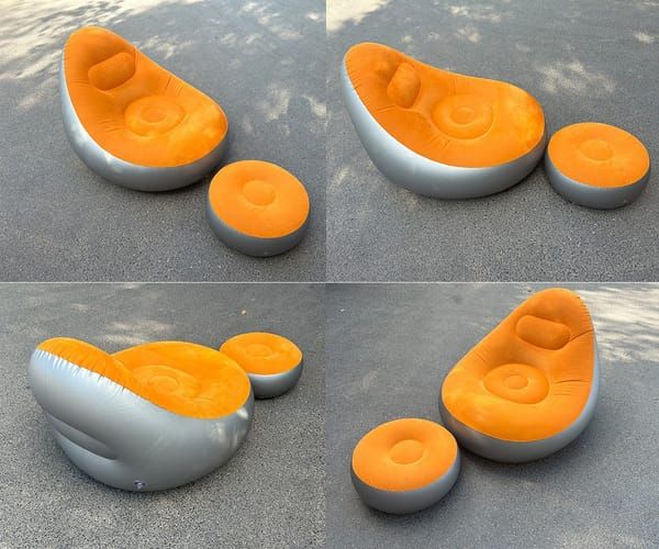 Khaki Inflatable Flocked Lounge Chair & Footrest Set with Foot Pump, Portable Ergonomic S-Shaped Air Recliner for Indoor & Outdoor Use