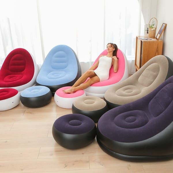 Khaki Inflatable Flocked Lounge Chair & Footrest Set with Foot Pump, Portable Ergonomic S-Shaped Air Recliner for Indoor & Outdoor Use
