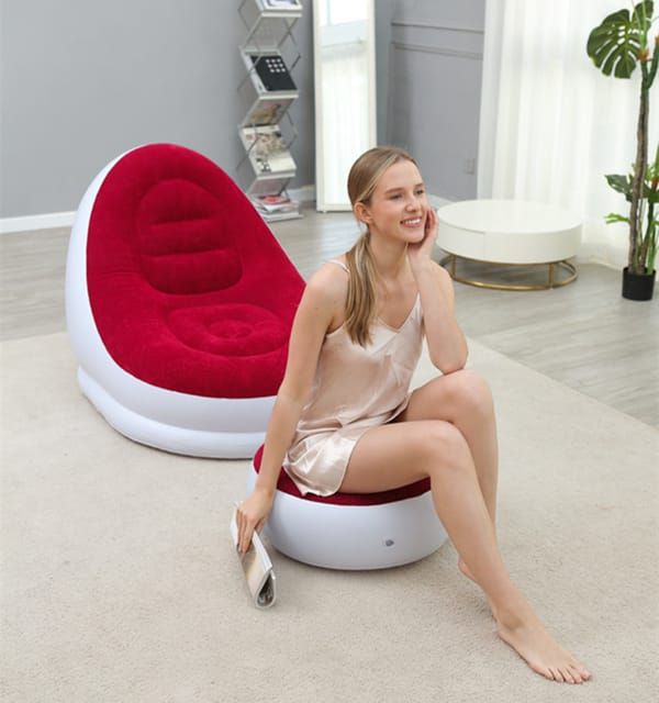 Khaki Inflatable Flocked Lounge Chair & Footrest Set with Foot Pump, Portable Ergonomic S-Shaped Air Recliner for Indoor & Outdoor Use