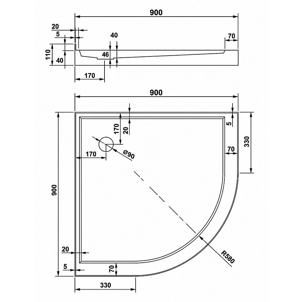 Shower Screen & Base – Curved, Chrome, 90 × 90 cm