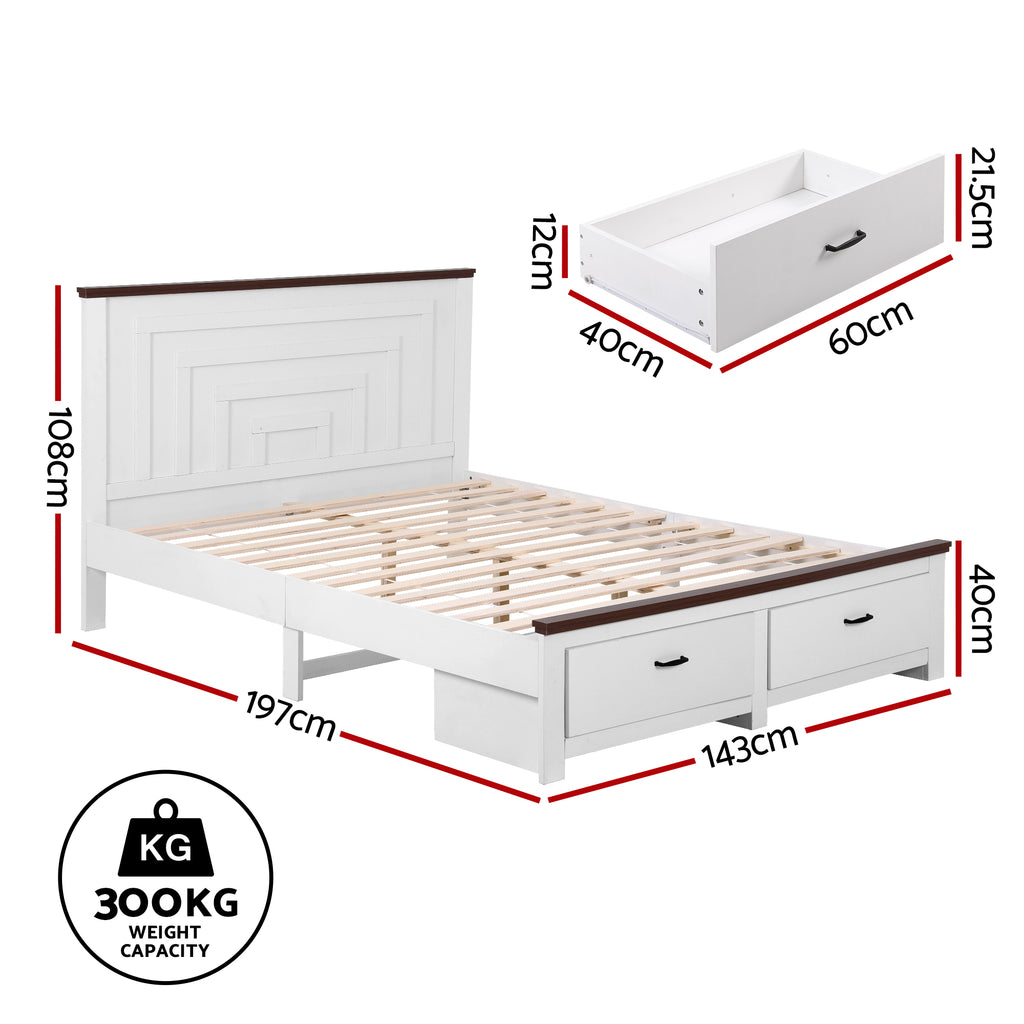 Artiss RAWDO Wooden Bed Frame with 2 Drawers - White
