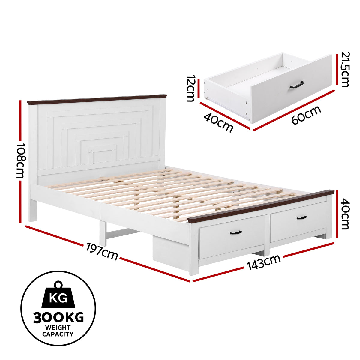 Artiss RAWDO Wooden Bed Frame with 2 Drawers - White