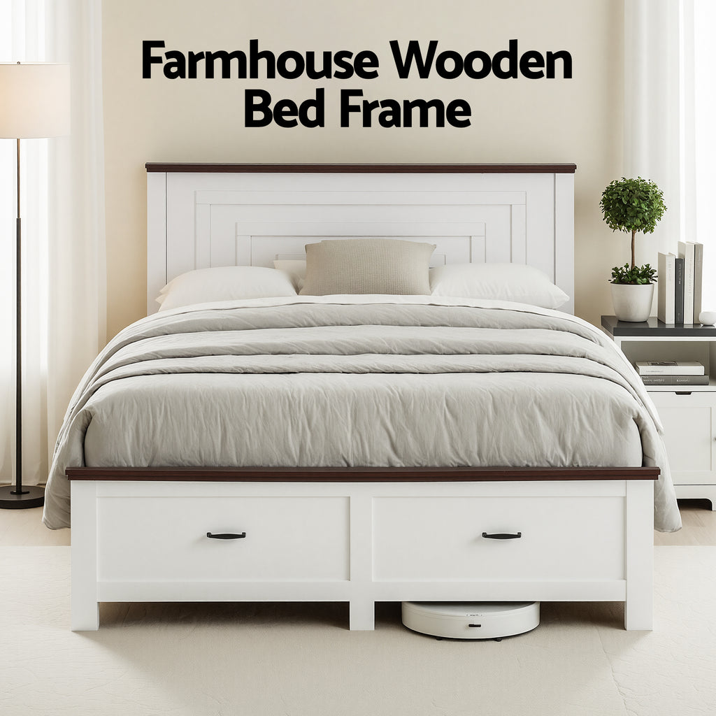 Artiss RAWDO Wooden Bed Frame with 2 Drawers - White