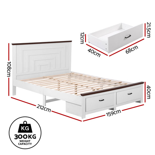 Queen Wooden Bed Frame with 2 Storage Drawers & 108cm Headboard – White