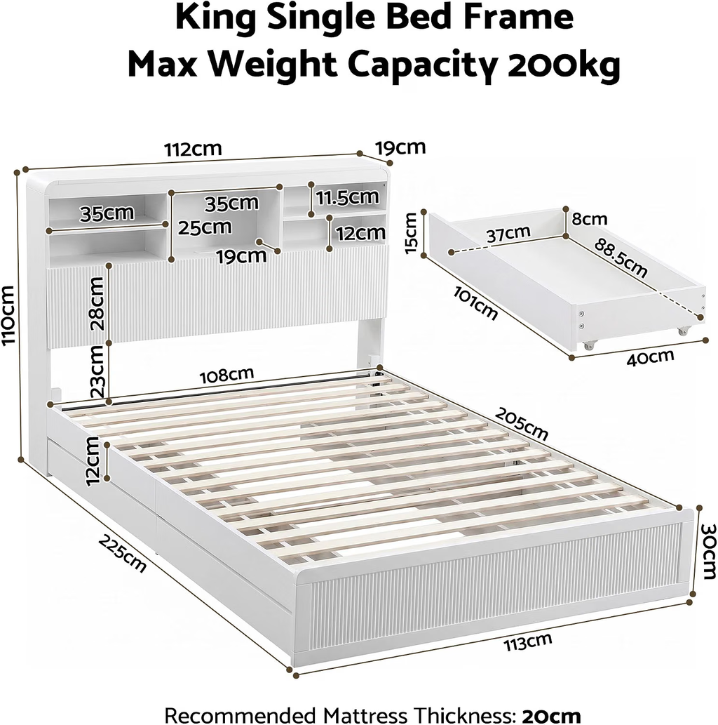 Bed Frame with 2 Bedside Tables – King Single, Storage