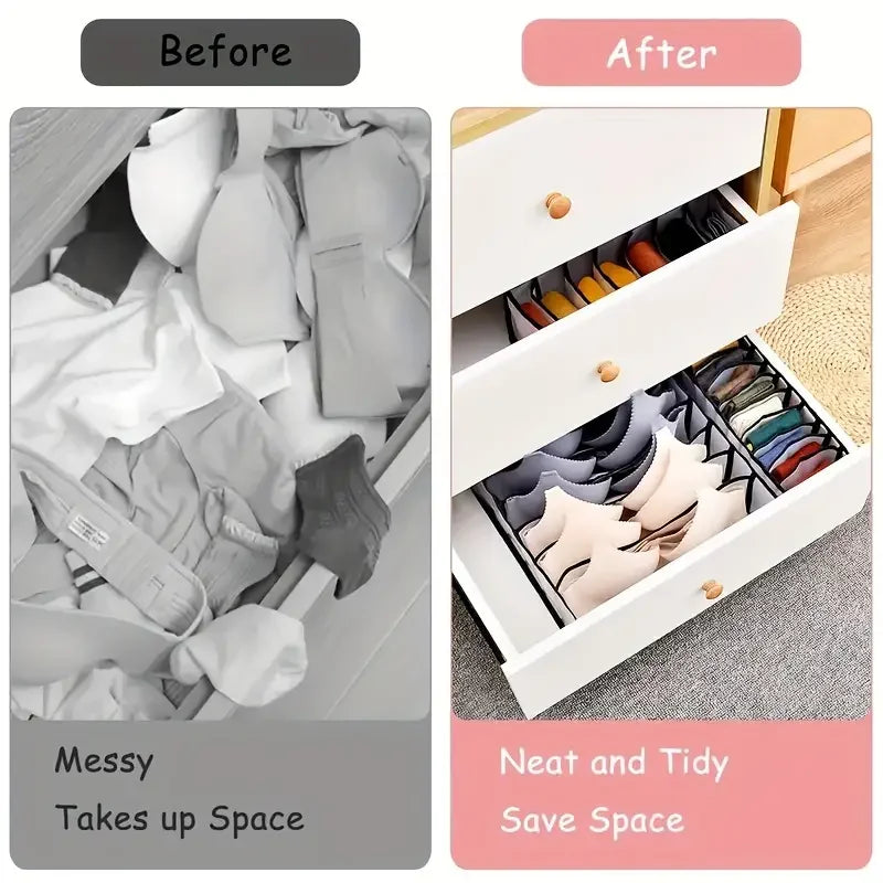 Before and after view of a drawer organised with divided storage boxes