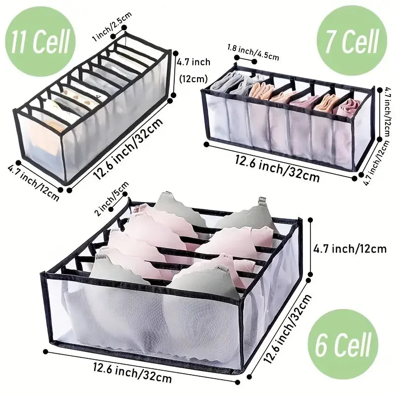 Dimensions and compartment layouts for the five-piece drawer organiser set