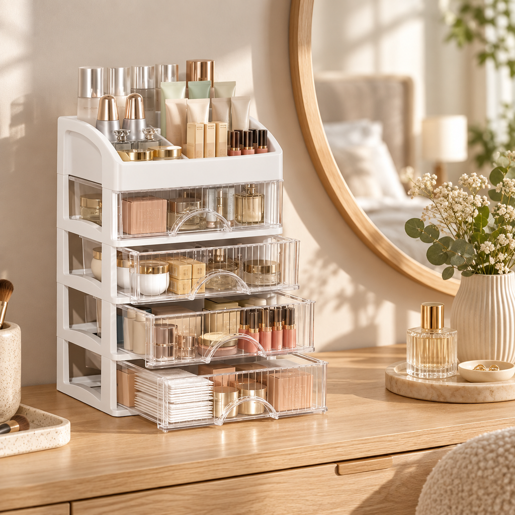White cosmetic drawer organiser styled on a bedroom vanity