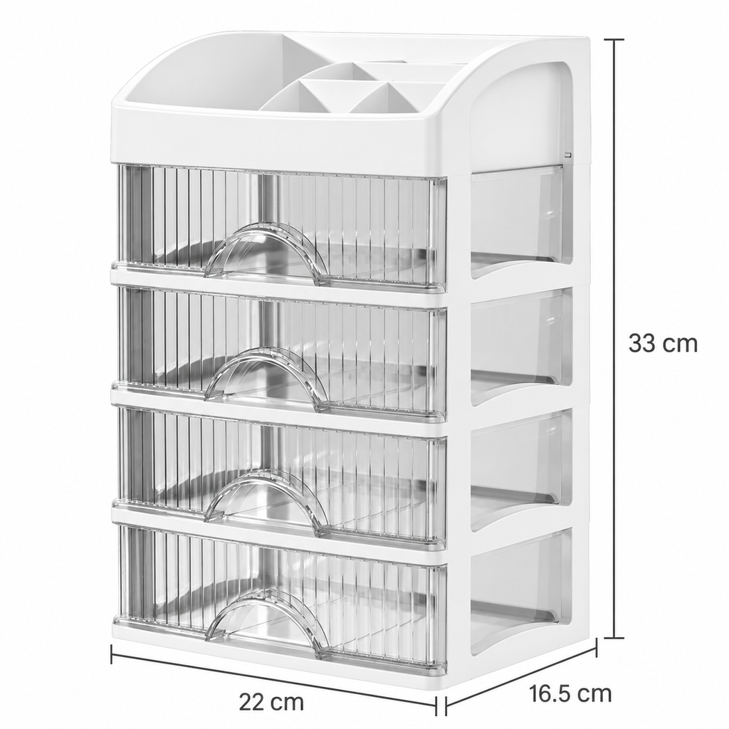 Makeup organiser dimensions: 33 cm high, 22 cm wide and 16.5 cm deep