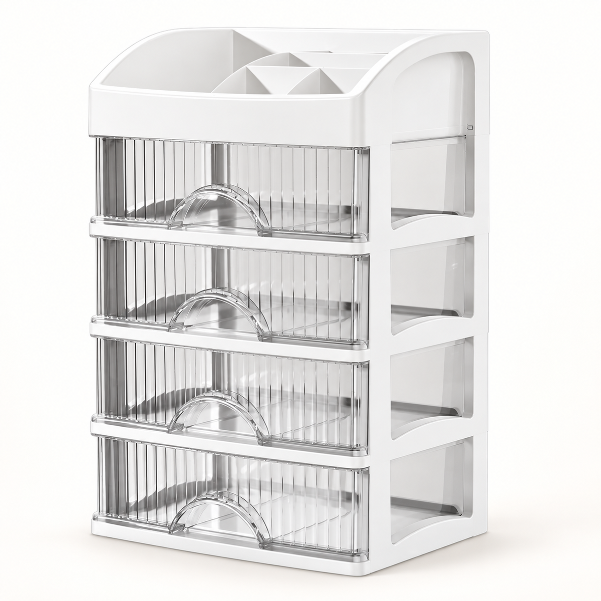 White 5-tier makeup and skincare organiser with four clear drawers