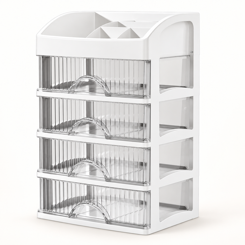 White 5-tier makeup and skincare organiser with four clear drawers