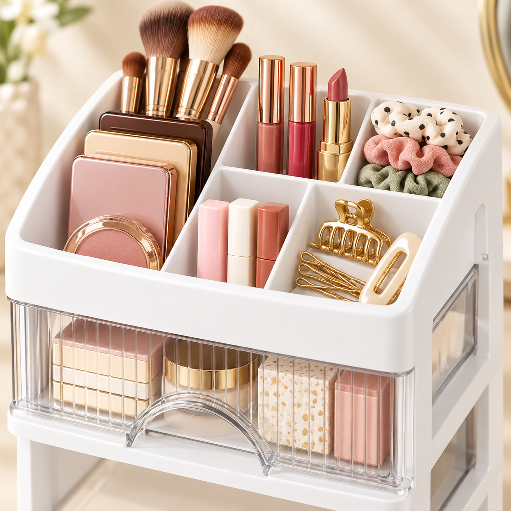 Divided top tray and clear drawer detail for makeup accessories