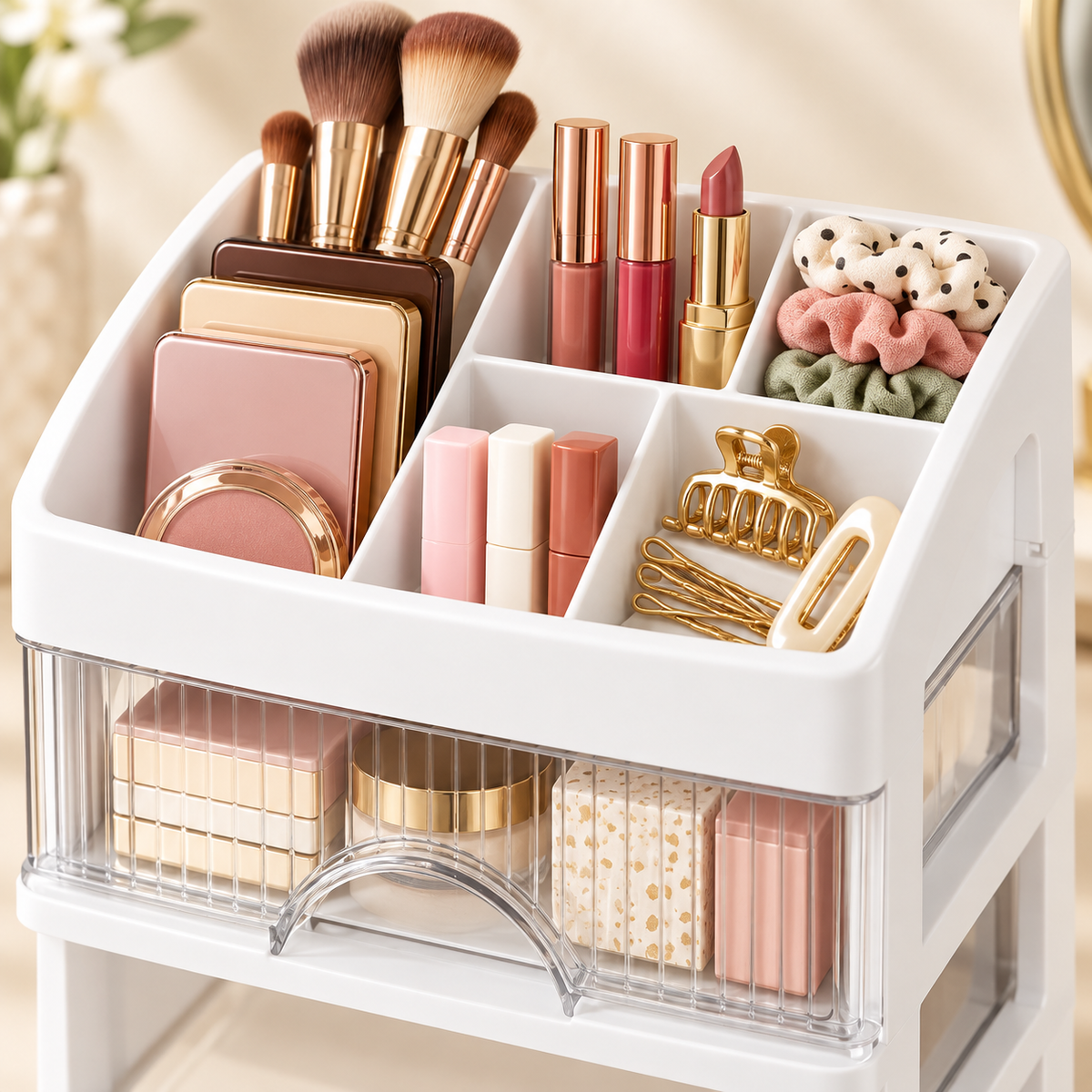 Divided top tray and clear drawer detail for makeup accessories