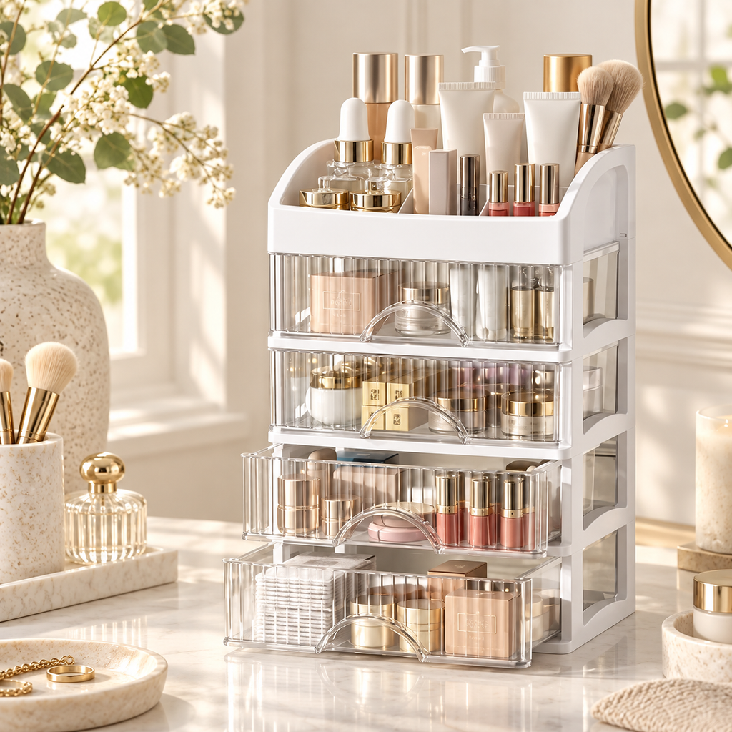 Five-tier organiser storing makeup and skincare on a bright vanity