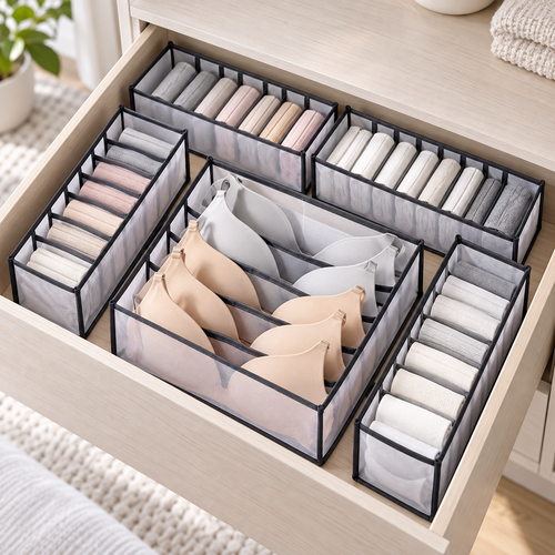 Five-piece grey mesh drawer organiser set arranged in a wardrobe drawer